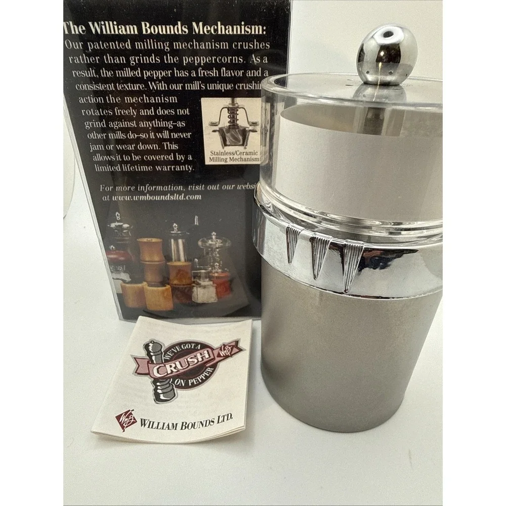 William Bounds Chrome Acrylic Adjustable Pepper Or Salt Grinder Mill USA